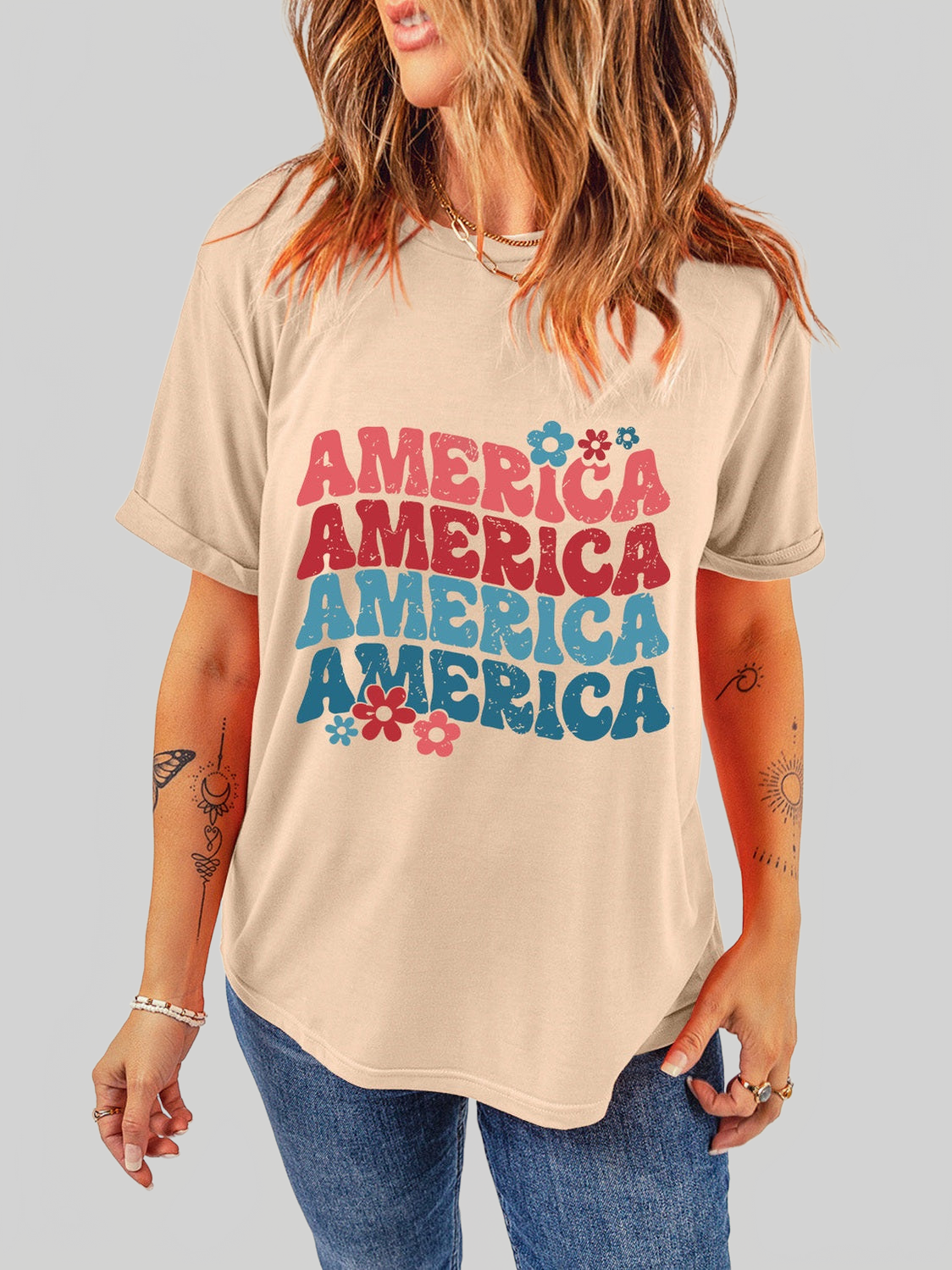 Women America Round Neck Short Sleeve T-Shirt nicholesgifts