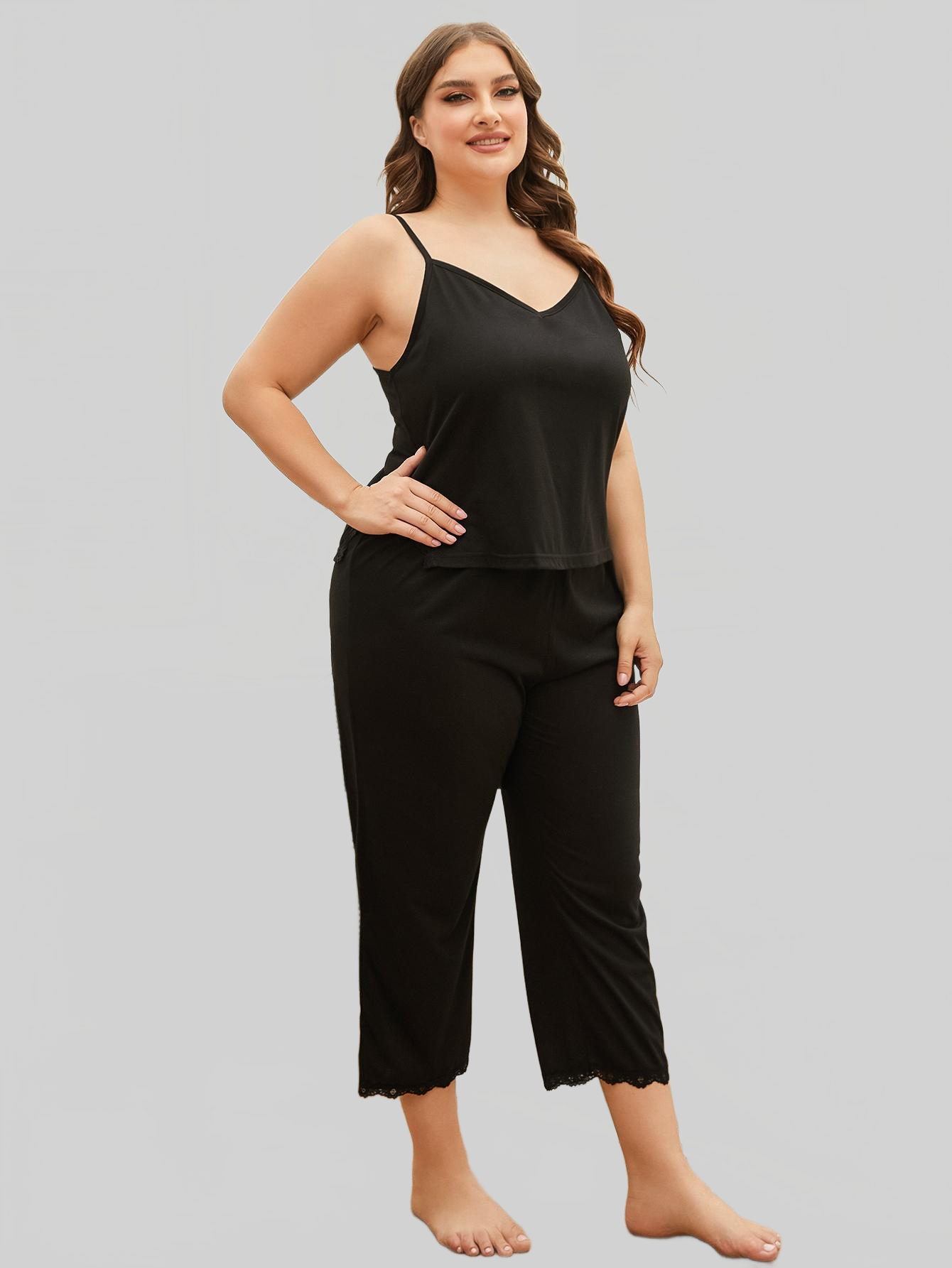 Plus Size Lace Trim Slit Cami and Pants Pajama Set nicholesgifts