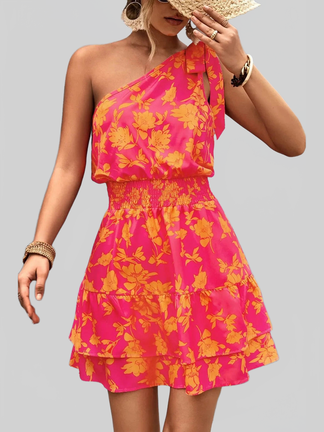 Tied Smocked Printed Single Shoulder Dress nicholesgifts