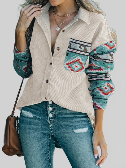 Women Perfee Pocketed Geometric Collared Neck Shacket NicholesGifts