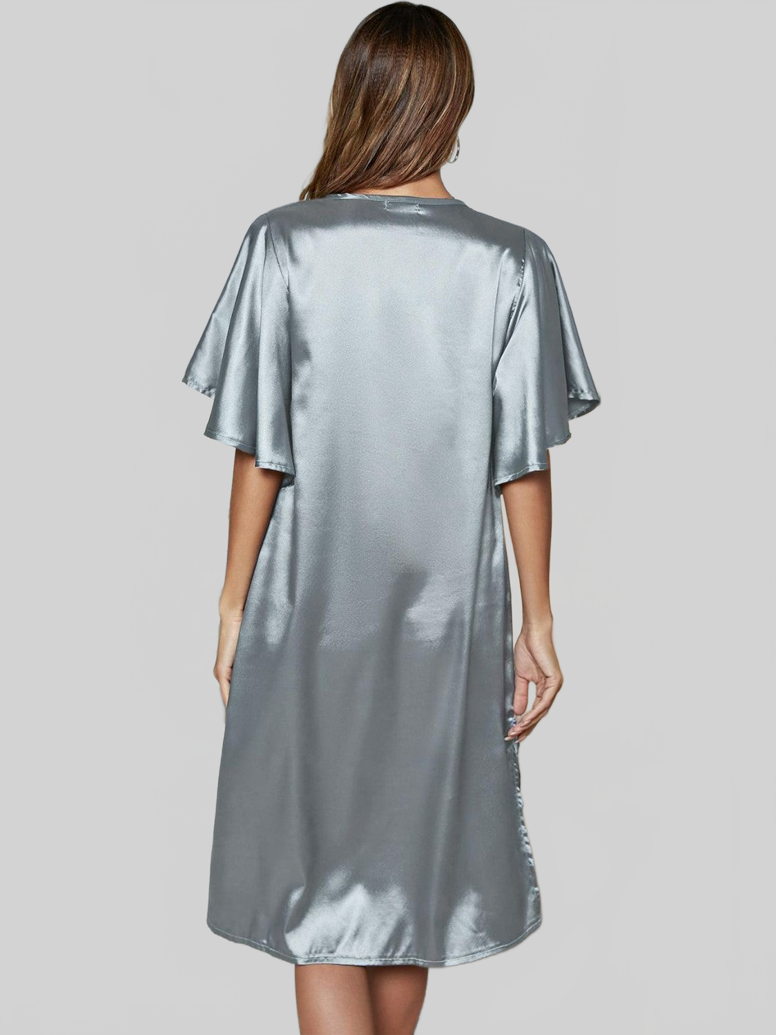 Satin Flutter Sleeve Side Slit V-Neck Night Dress nicholesgifts