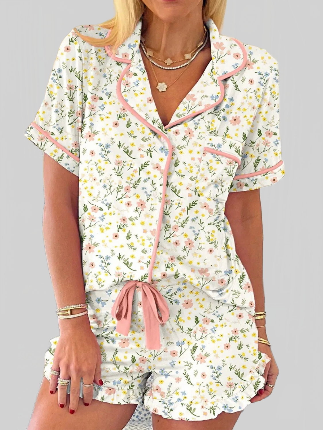 Printed Button Up Short Sleeve Top and Shorts Lounge Set nicholesgifts