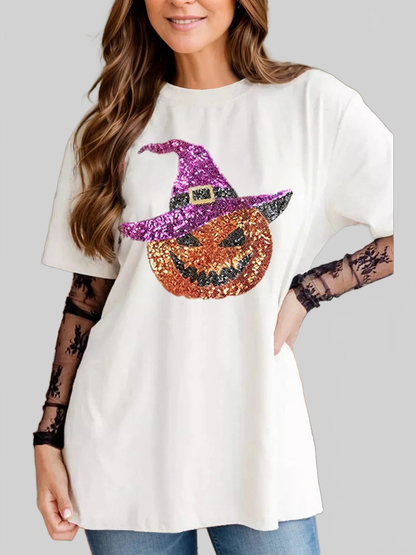 Sequin Pumpkin Round Neck Short Sleeve T-Shirt nicholesgifts