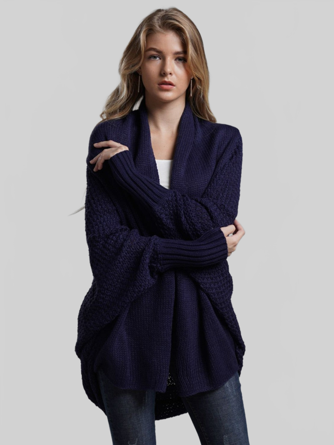 Dolman Sleeve Open Front Ribbed Trim Longline Cardigan nicholesgifts