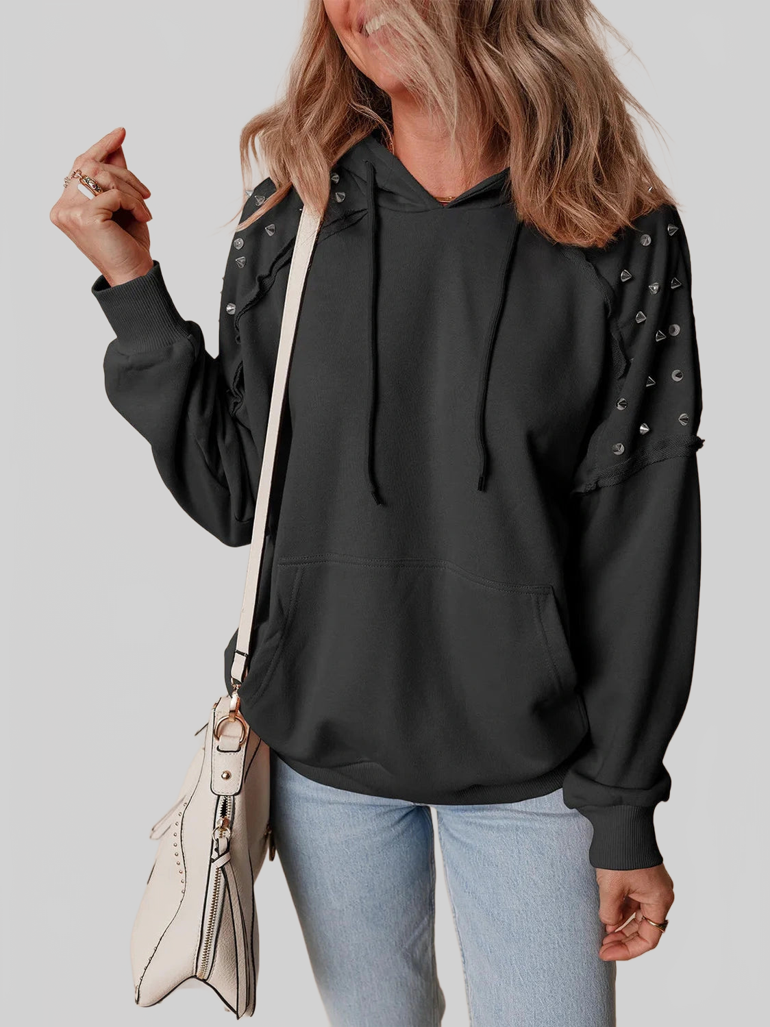 Rivet Drawstring Long Sleeve Hoodie NicholesGifts