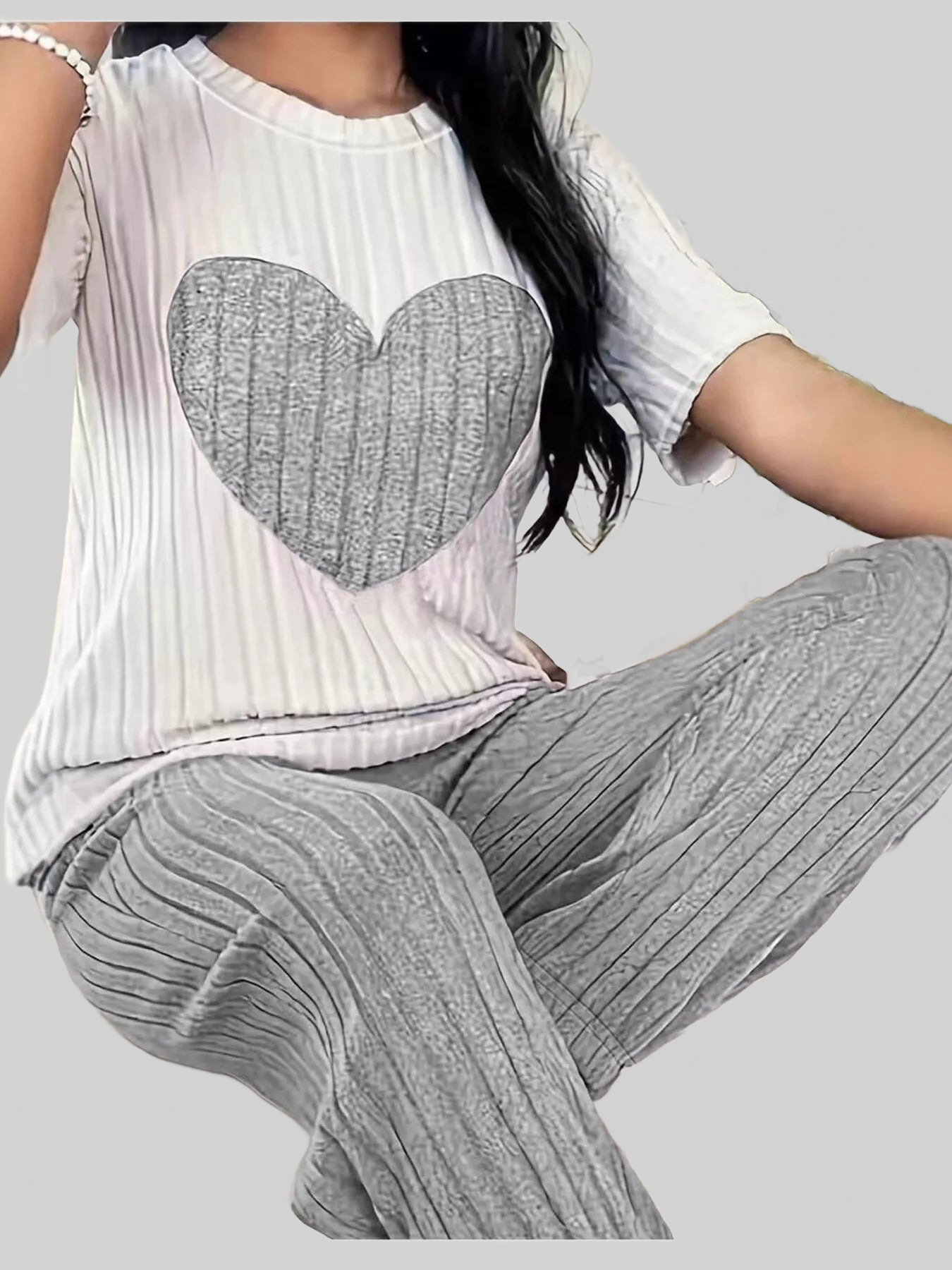 Heart Ribbed Knit Top and Pants Lounge Set nicholesgifts