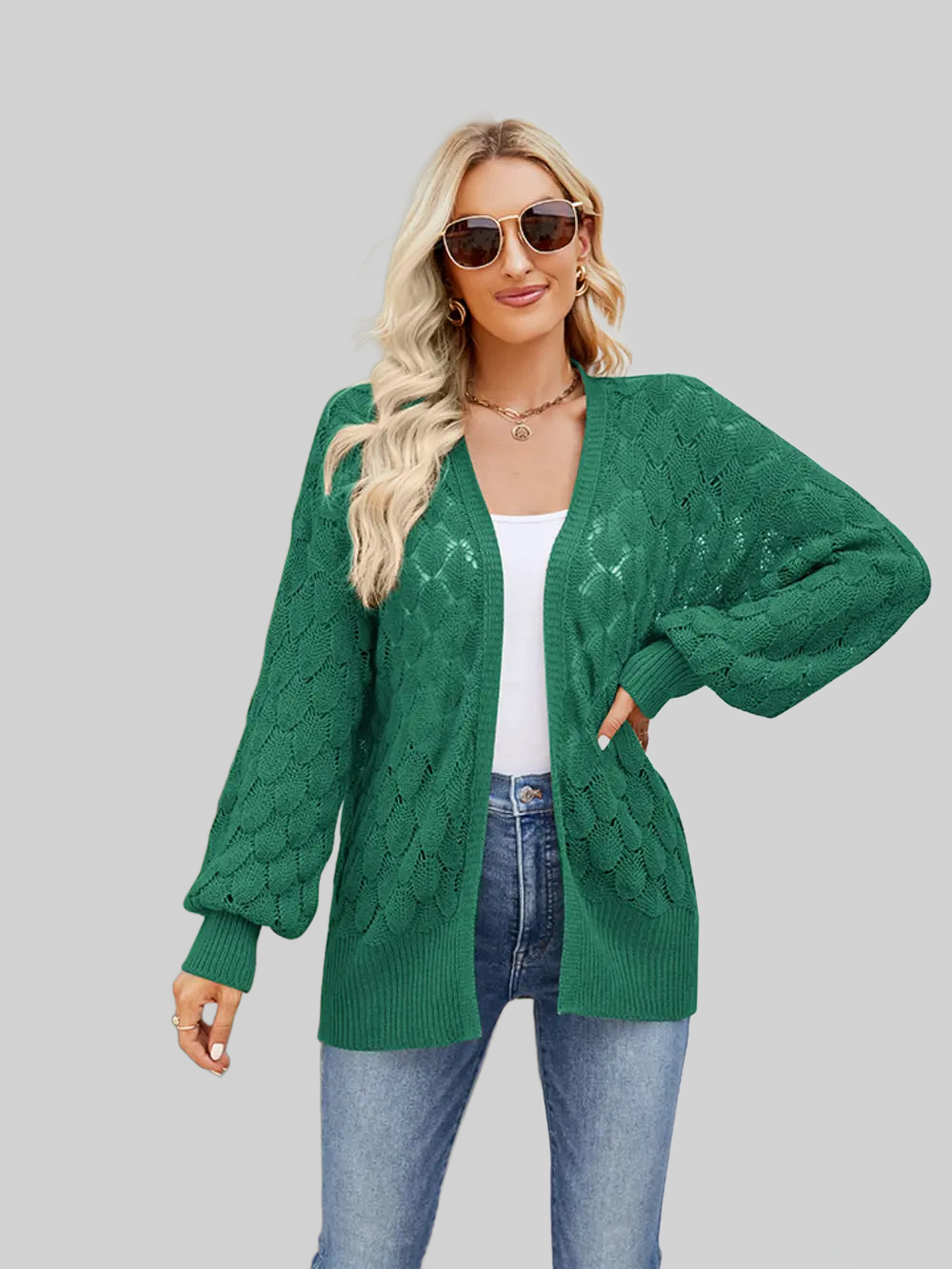 Women Openwork Open Front Lantern Sleeve Cardigan nicholesgifts