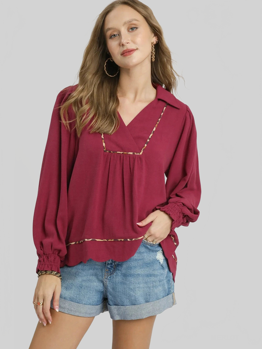 Women Umgee Full Size Linen Scallop Hem Long Sleeve Blouse with Contrast Trim Plus Size NicholesGifts