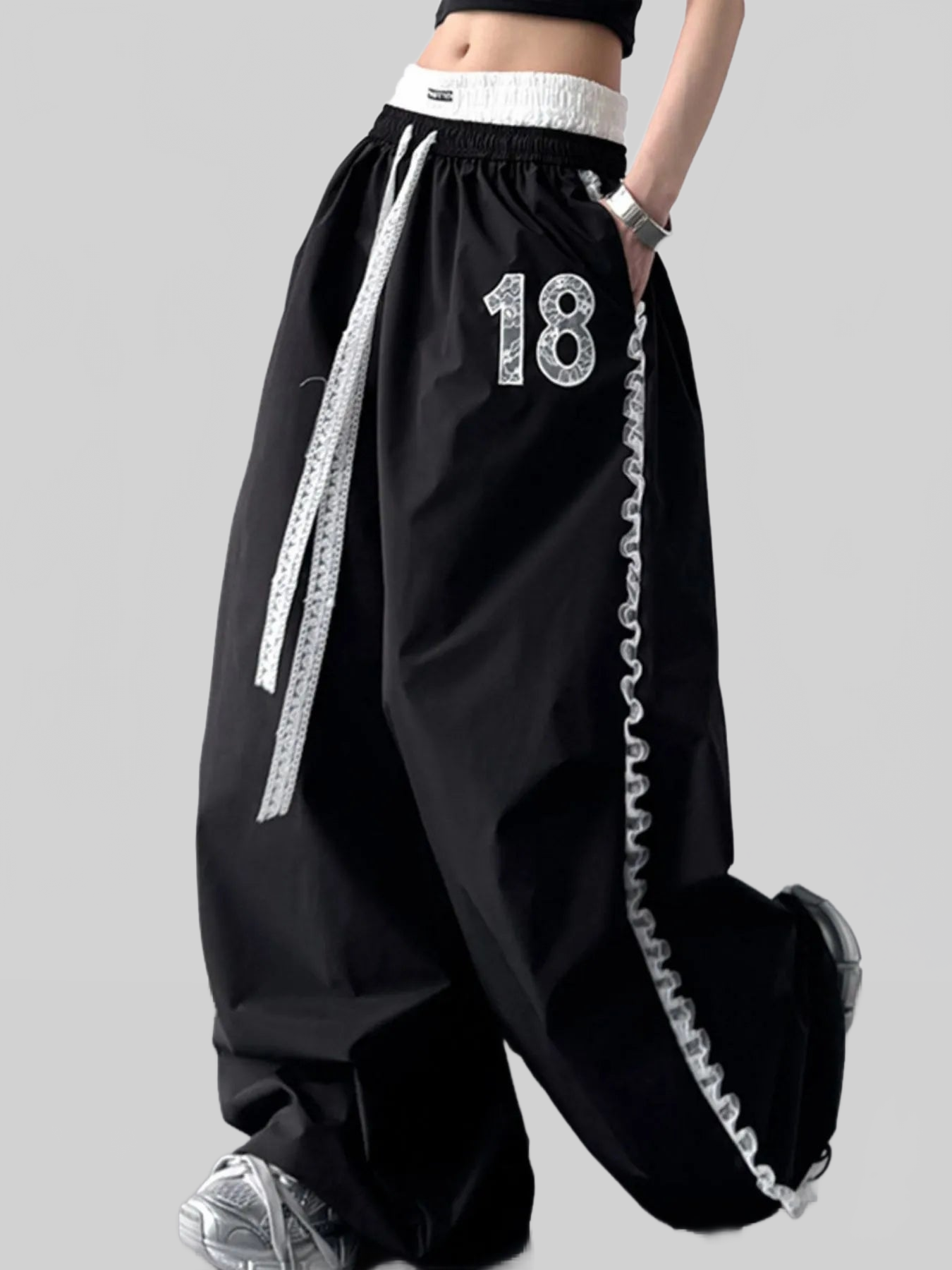 Women Lace Detail Drawstring Wide Leg Pants nicholesgifts