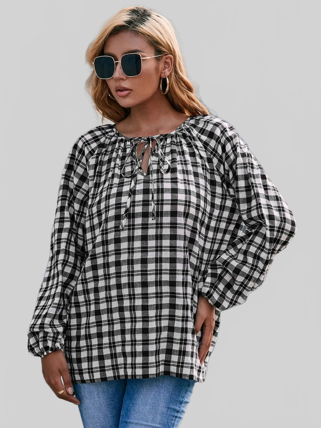 Ivy Lane Plaid Tie Neck Balloon Sleeve Blouse NicholesGifts