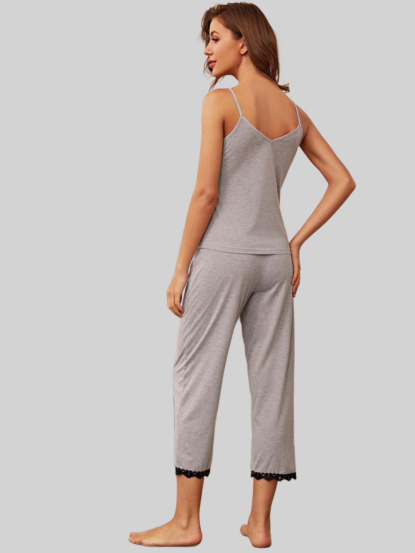V-Neck Lace Trim Slit Cami and Pants Pajama Set nicholesgifts
