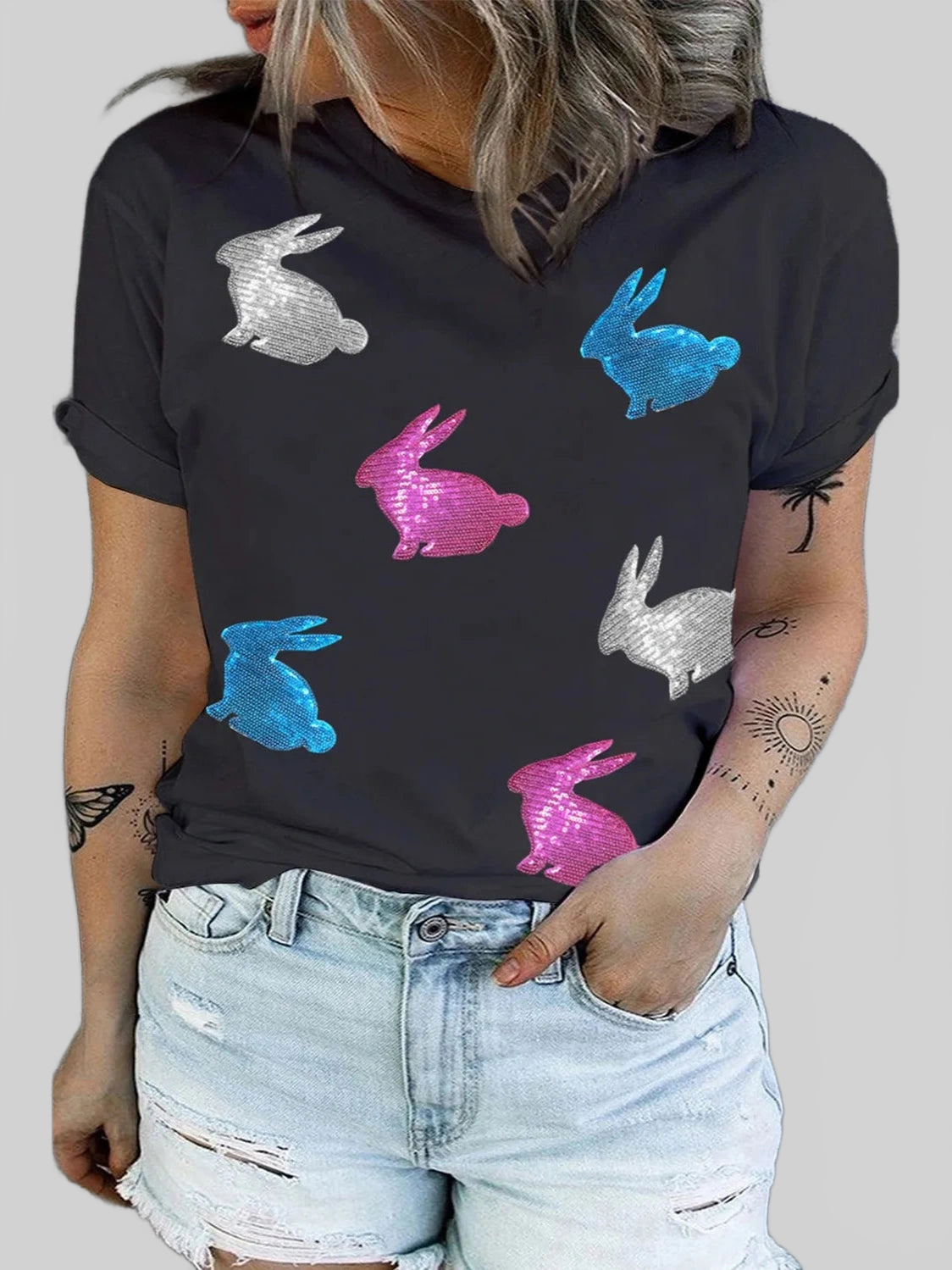 Plus Size Rabbit Round Neck Short Sleeve T-Shirt nicholesgifts