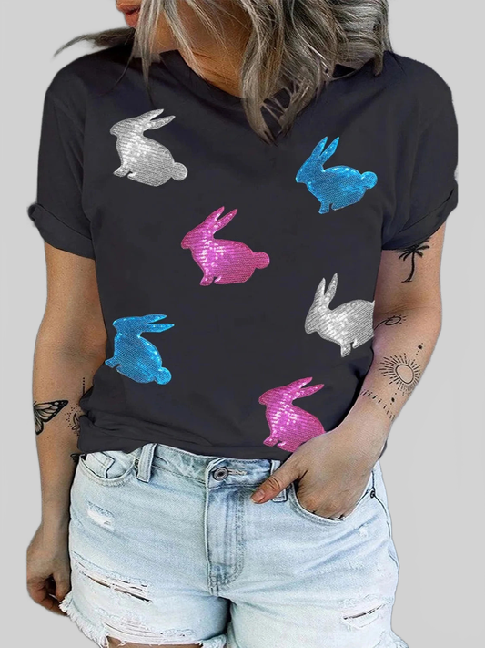Plus Size Rabbit Round Neck Short Sleeve T-Shirt Trendsi