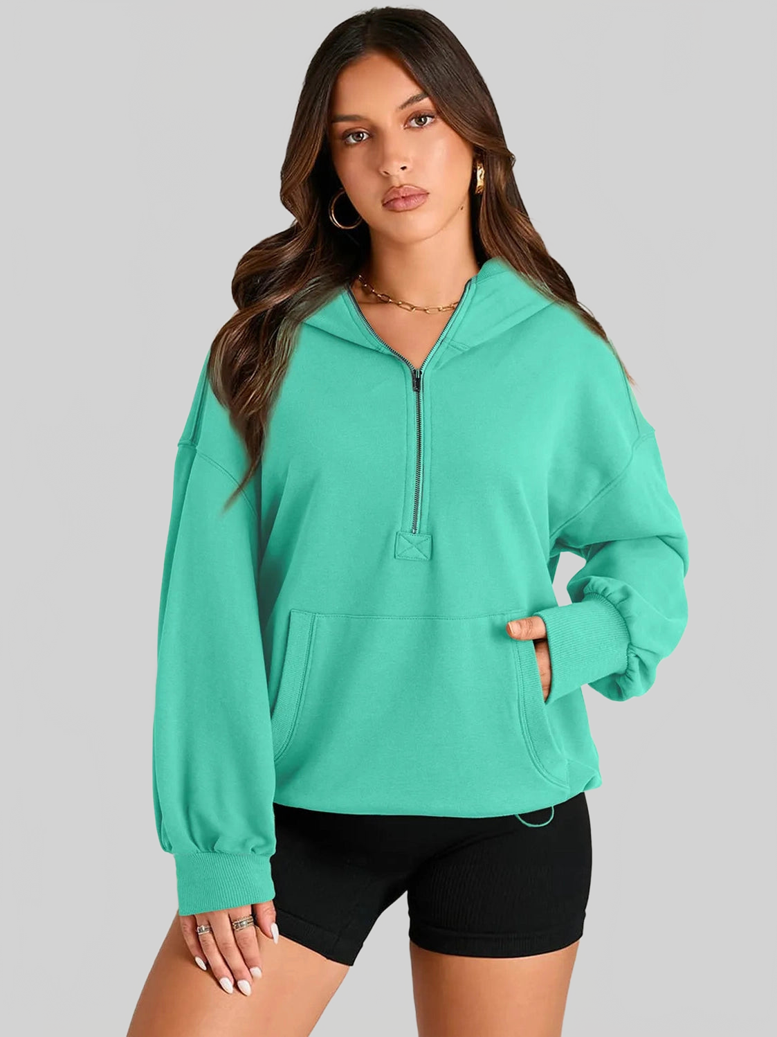 Pocketed Half Zip Long Sleeve Hoodie NicholesGifts