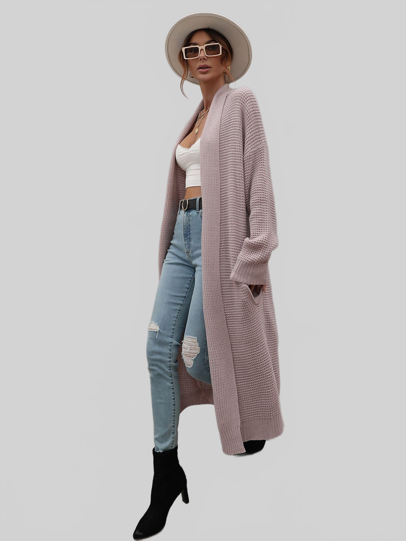 Waffle Knit Open Front Duster Cardigan With Pockets nicholesgifts