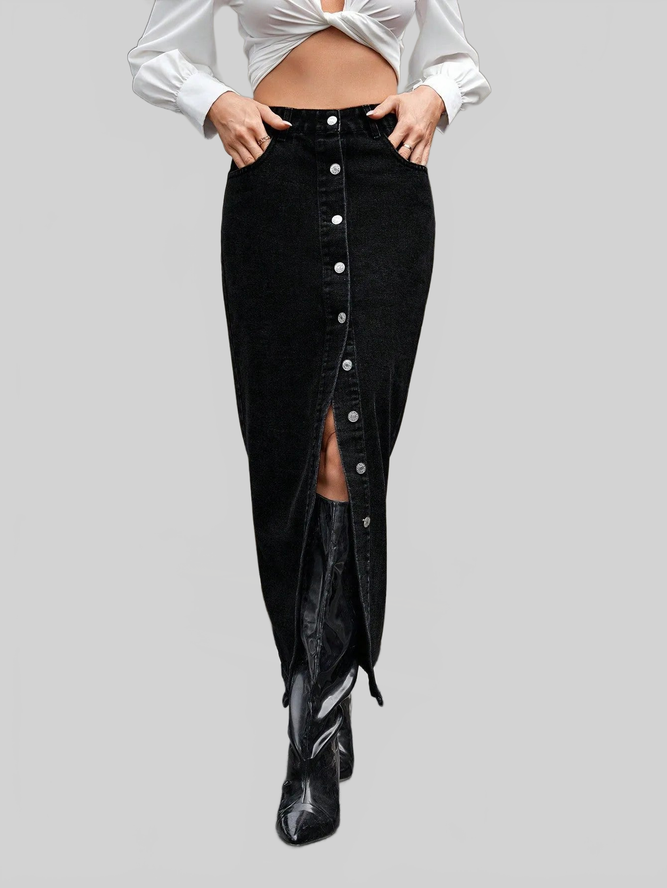 Button Front Denim Skirt nicholesgifts