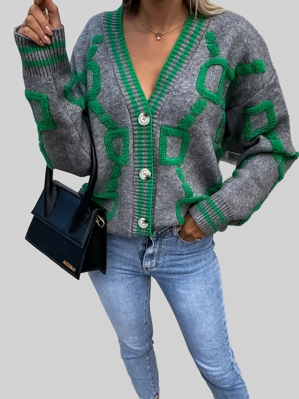 Women Geometric Dropped Shoulder Button Down Cardigan nicholesgifts