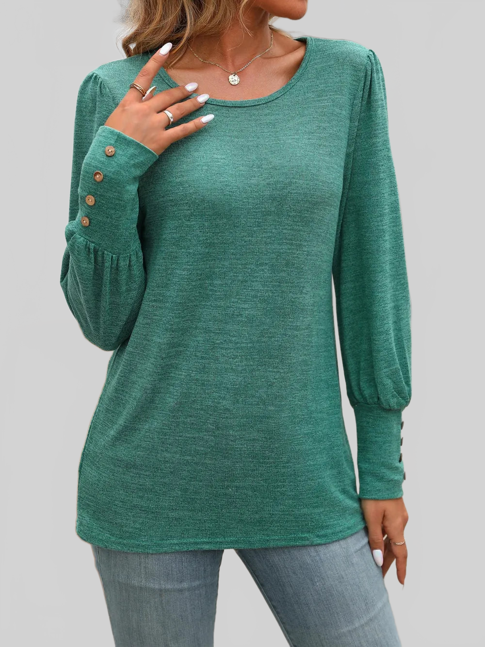 Women Decorative Button Round Neck Long Sleeve T-Shirt NicholesGifts