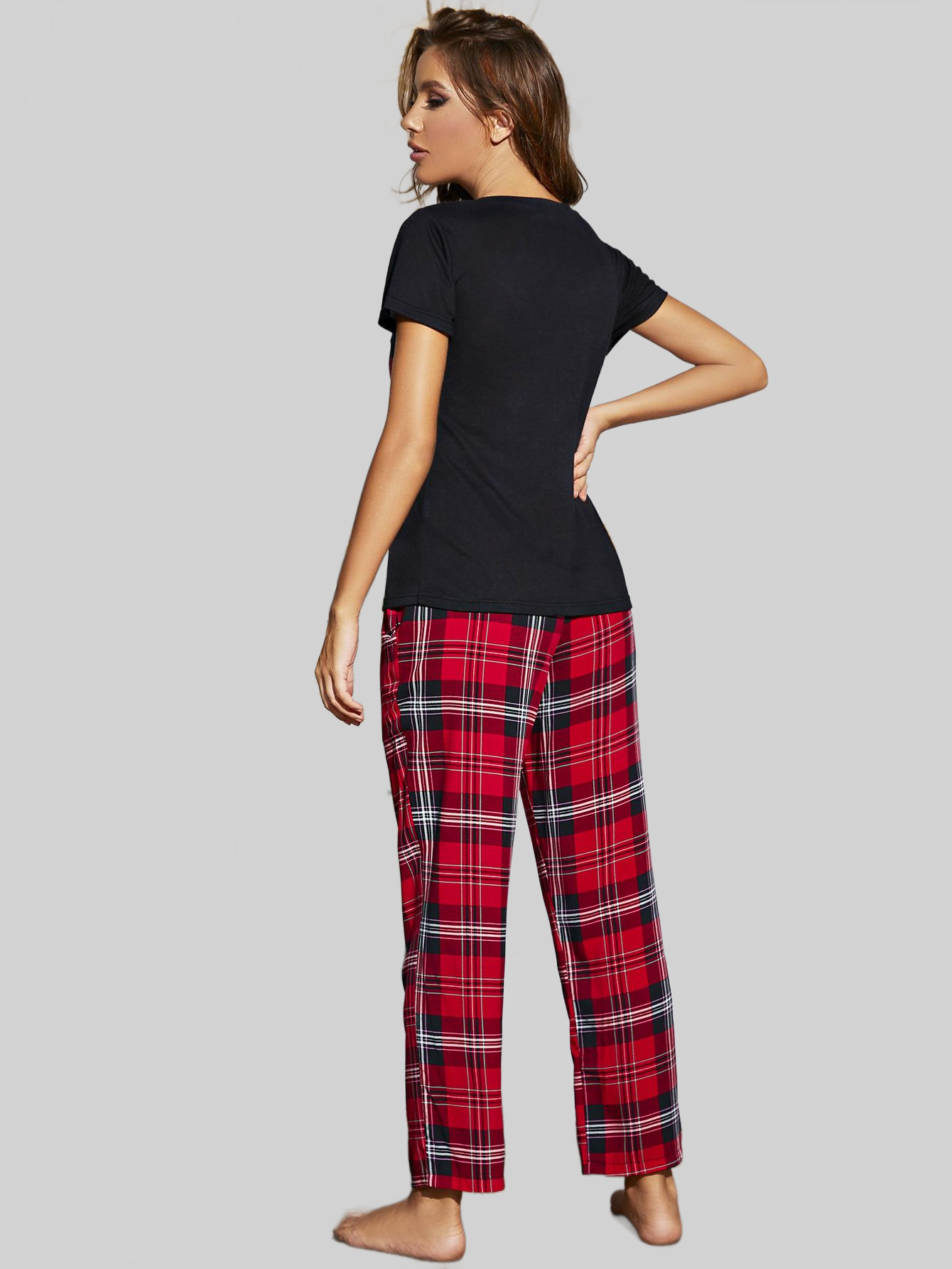 Heart Graphic V-Neck Top and Plaid Pants Lounge Set nicholesgifts