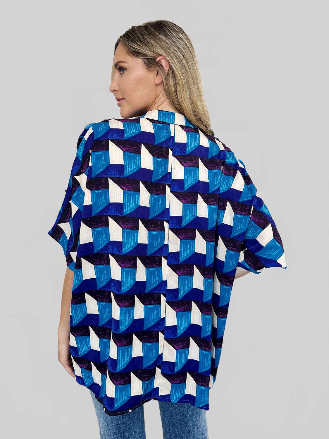 Women Double Take Full Size Geometric Notched Half Sleeve Blouse nicholesgifts
