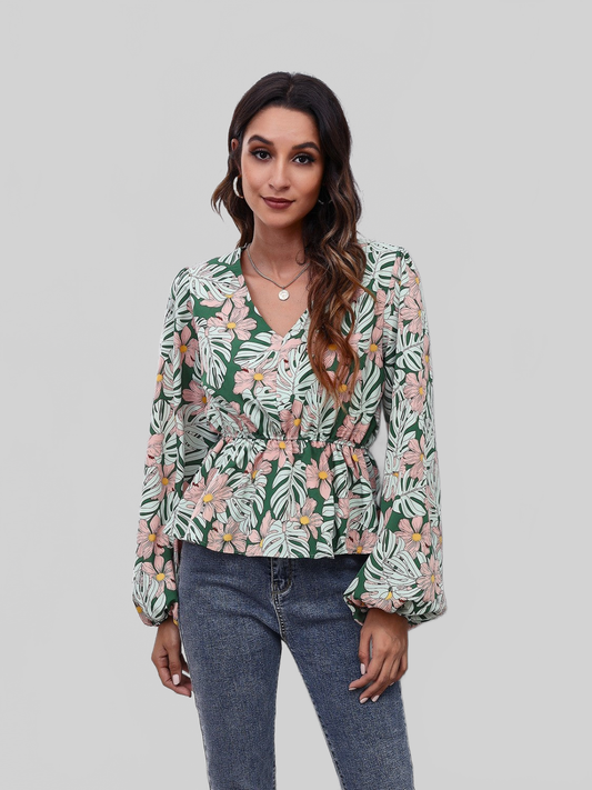 Women Floral V-Neck Balloon Sleeve Peplum Blouse NicholesGifts