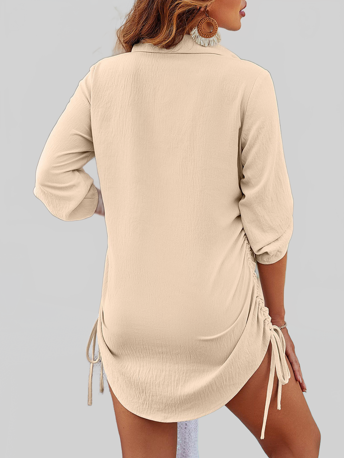 Women Texture Drawstring Half Sleeve Blouse nicholesgifts