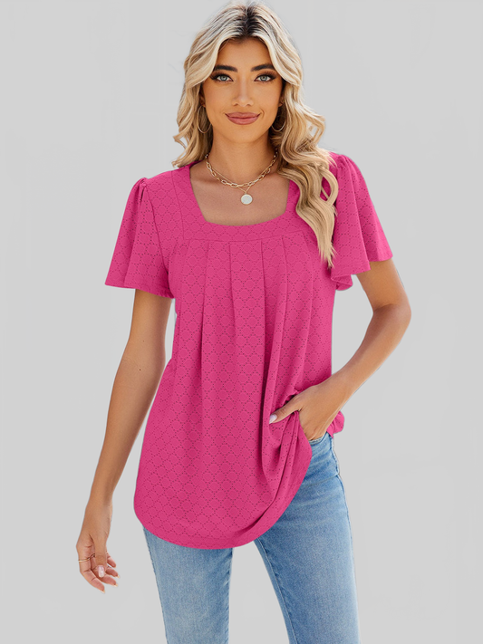 Women Eyelet Square Neck Flutter Sleeve Blouse nicholesgifts