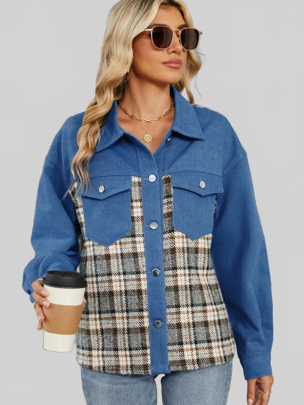 Plaid Button Up Long Sleeve Denim Jacket nicholesgifts