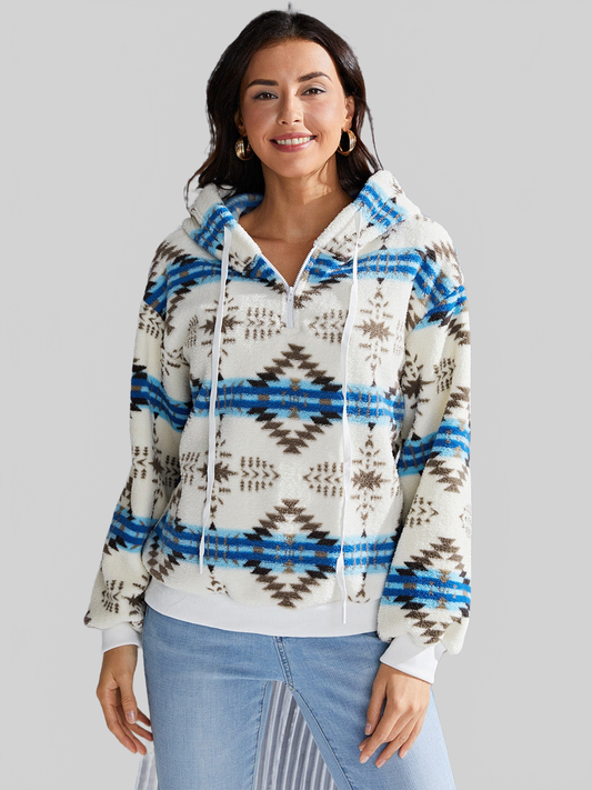 NicholesGifts Women Shiny Geometric Half Zip Drawstring Long Sleeve Hoodie NicholesGifts