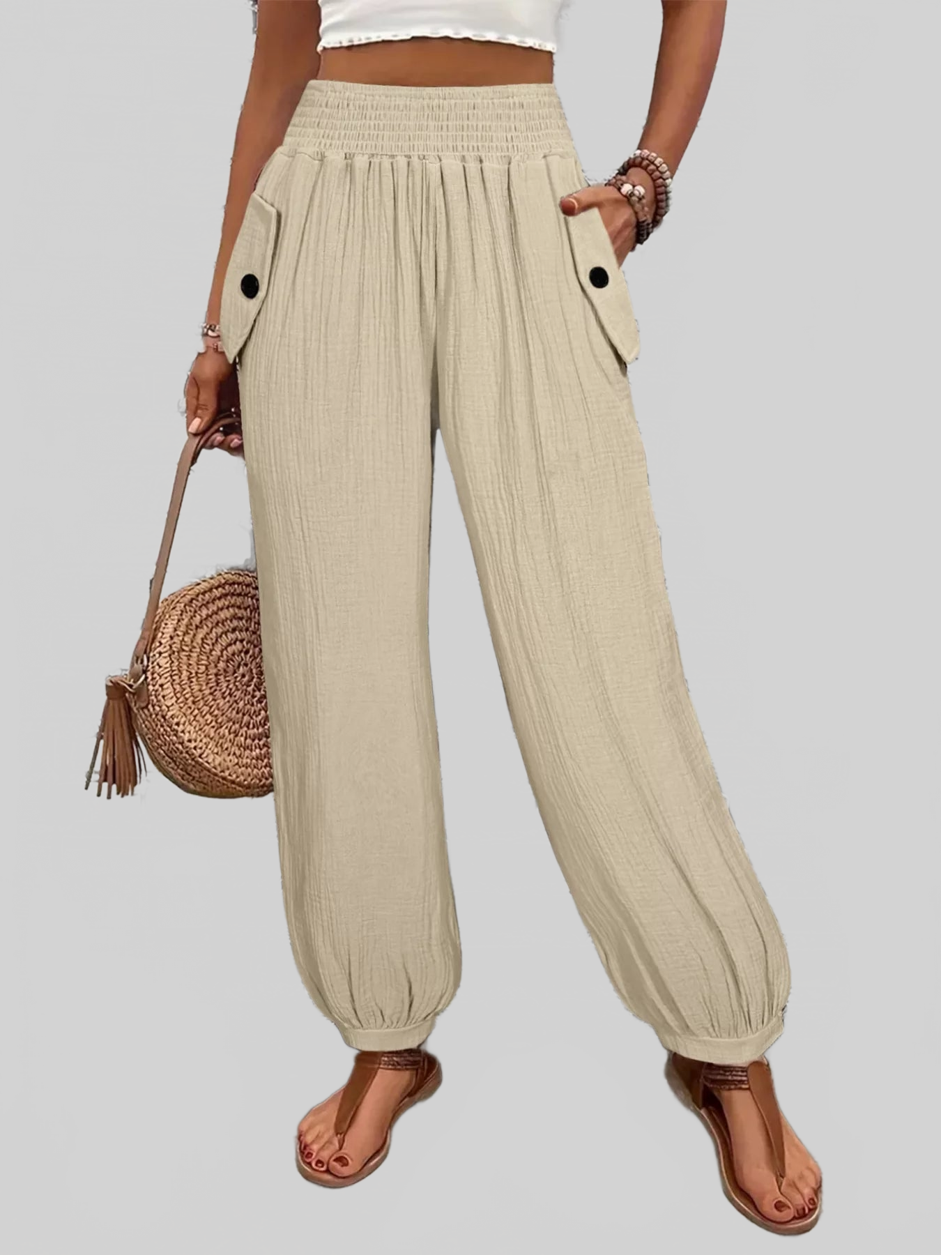 Women Smocked Textured Casual Pants nicholesgifts