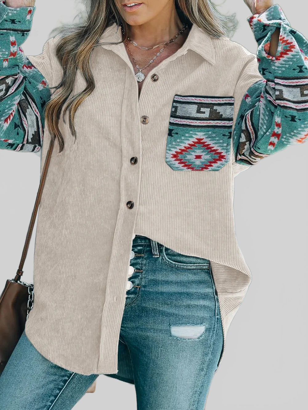 Perfee Pocketed Geometric Collared Neck Shacket nicholesgifts