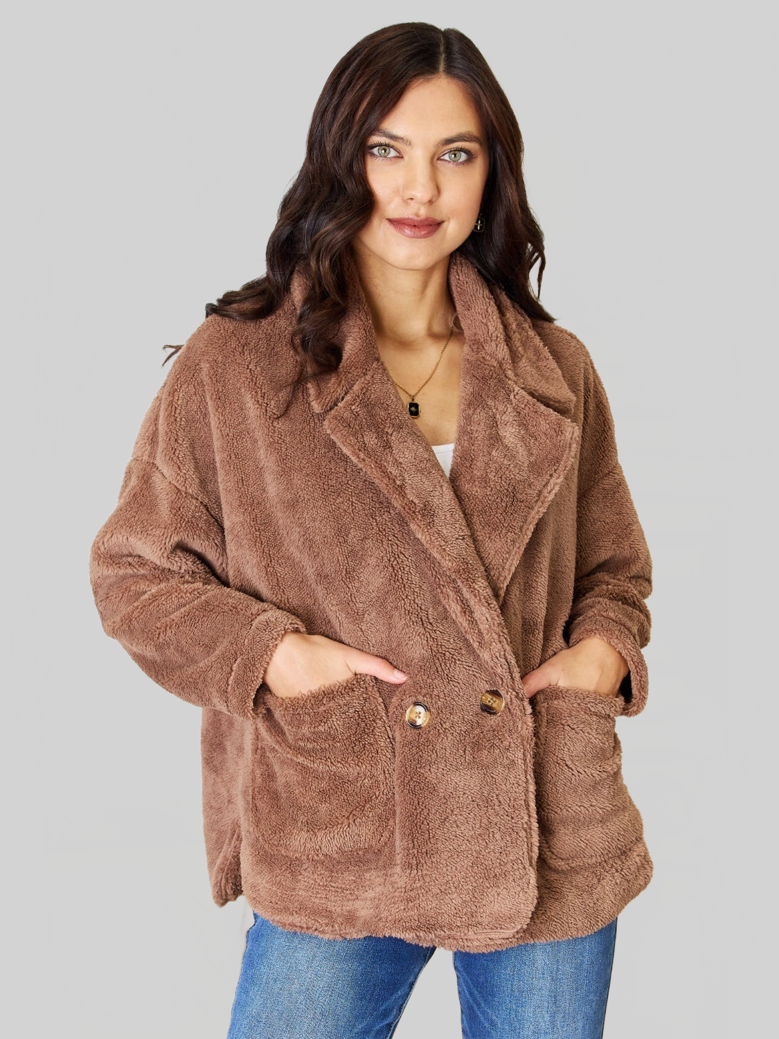 NicholesGifts Women Culture Code Double Breasted Fuzzy Coat NicholesGifts
