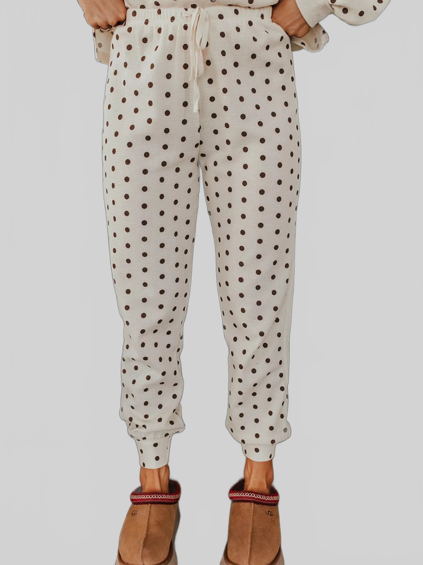 Polka Dot Notched Long Sleeve Top and Drawstring Joggers Lounge Set nicholesgifts