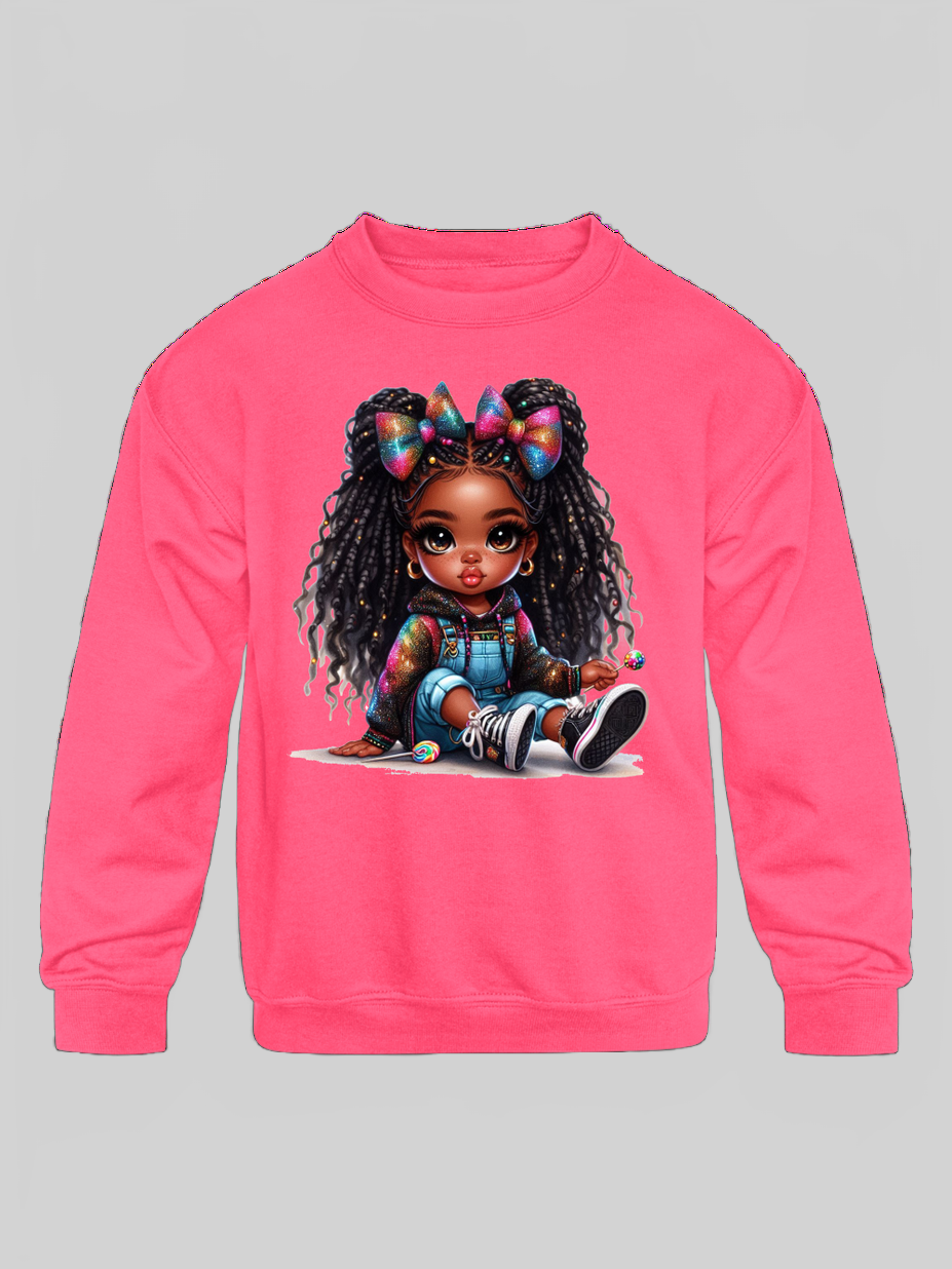 African American Toddler Girls Braids and Bows Long Sleeve Crewneck Sweatshirt nicholesgifts
