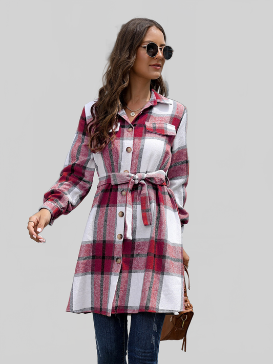 Plaid Belted Collared Neck Button Up Jacket NicholesGifts
