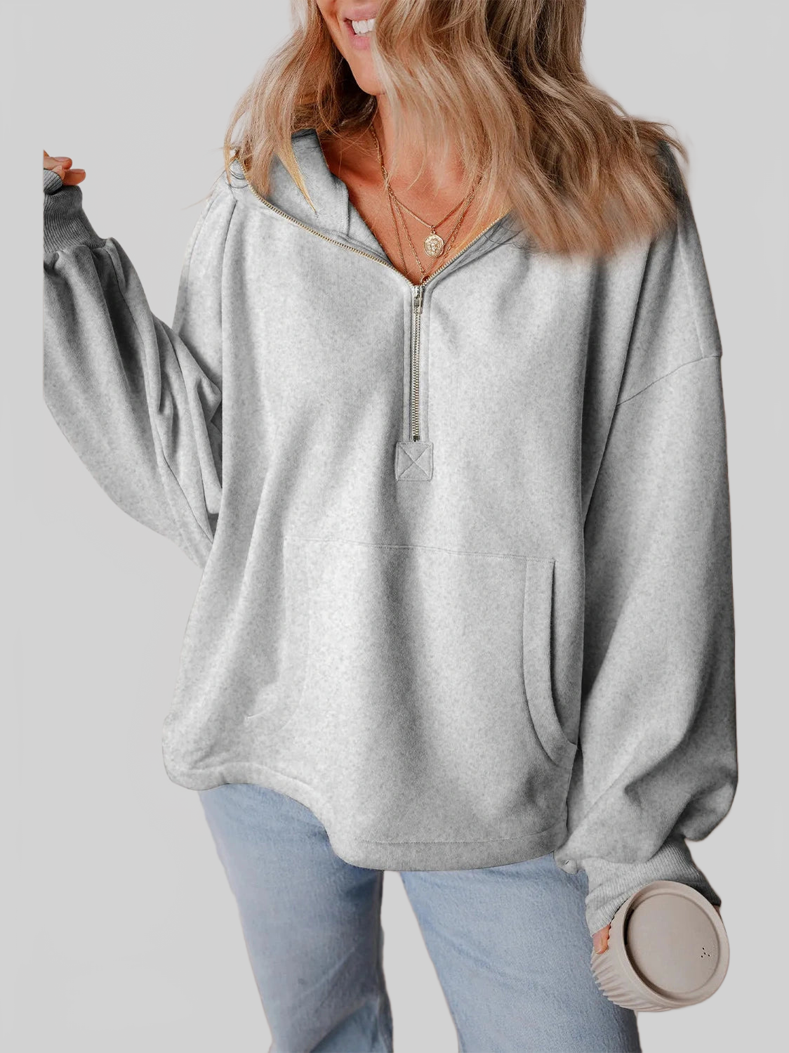 Pocketed Half Zip Dropped Shoulder Hoodie NicholesGifts
