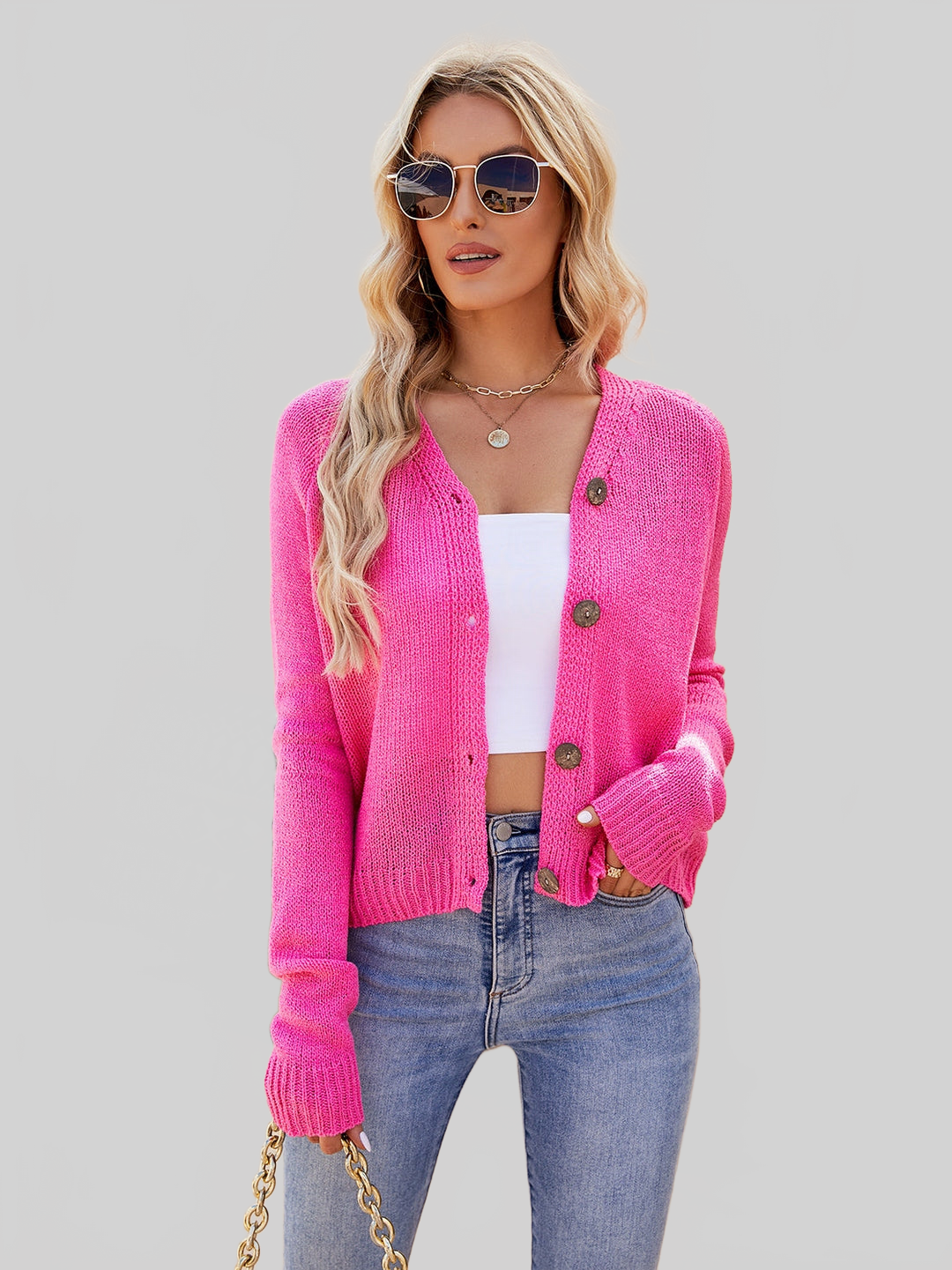 Button Up V-Neck Long Sleeve Cardigan nicholesgifts