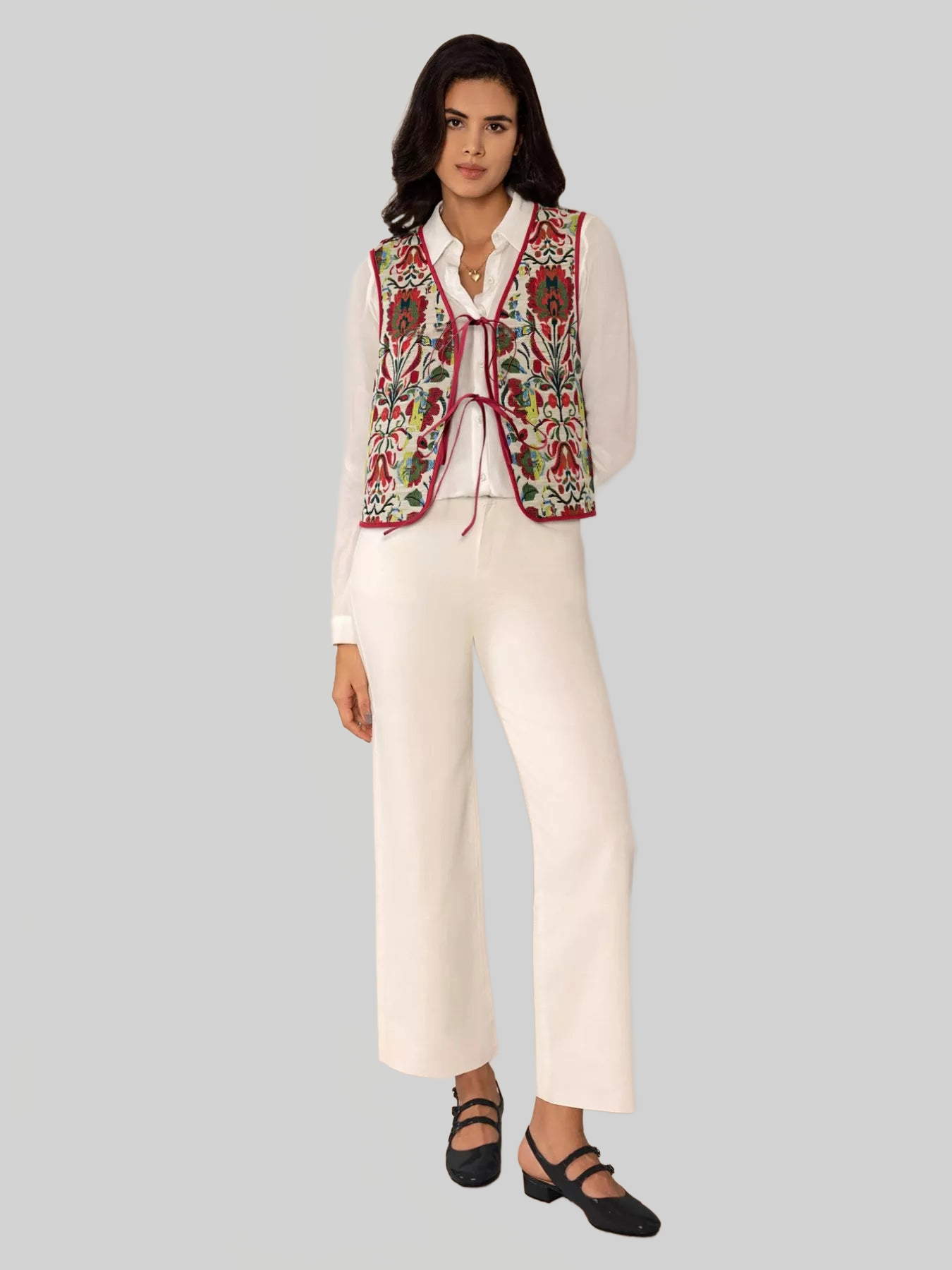 Floral Embroidered Tie-Front Vest Coat nicholesgifts