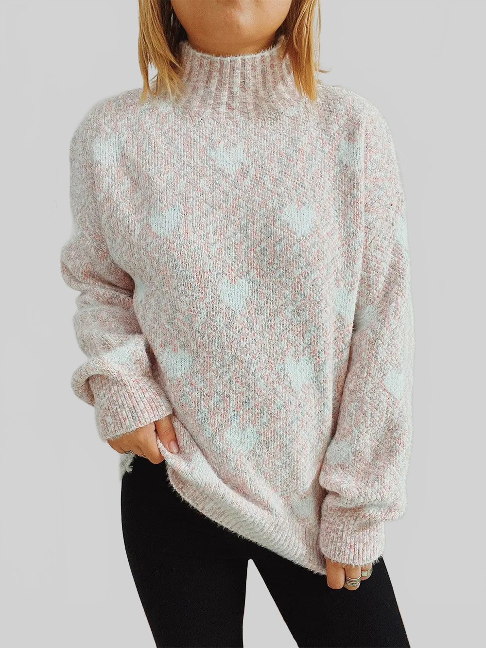 Women Heart Heathered Turtleneck Drop Shoulder Pullover Sweater nicholesgifts