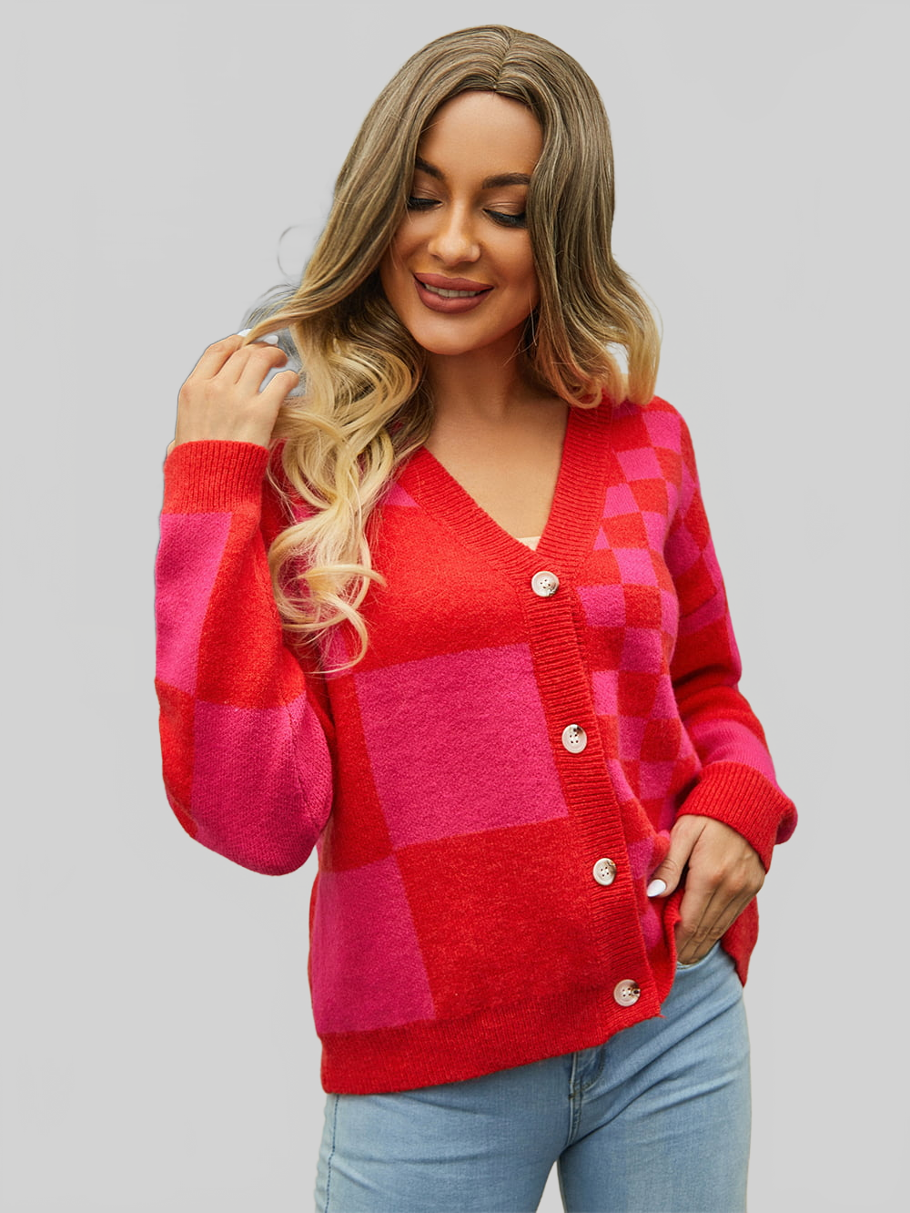 Angel Wings Plaid V-Neck Dropped Shoulder Cardigan nicholesgifts