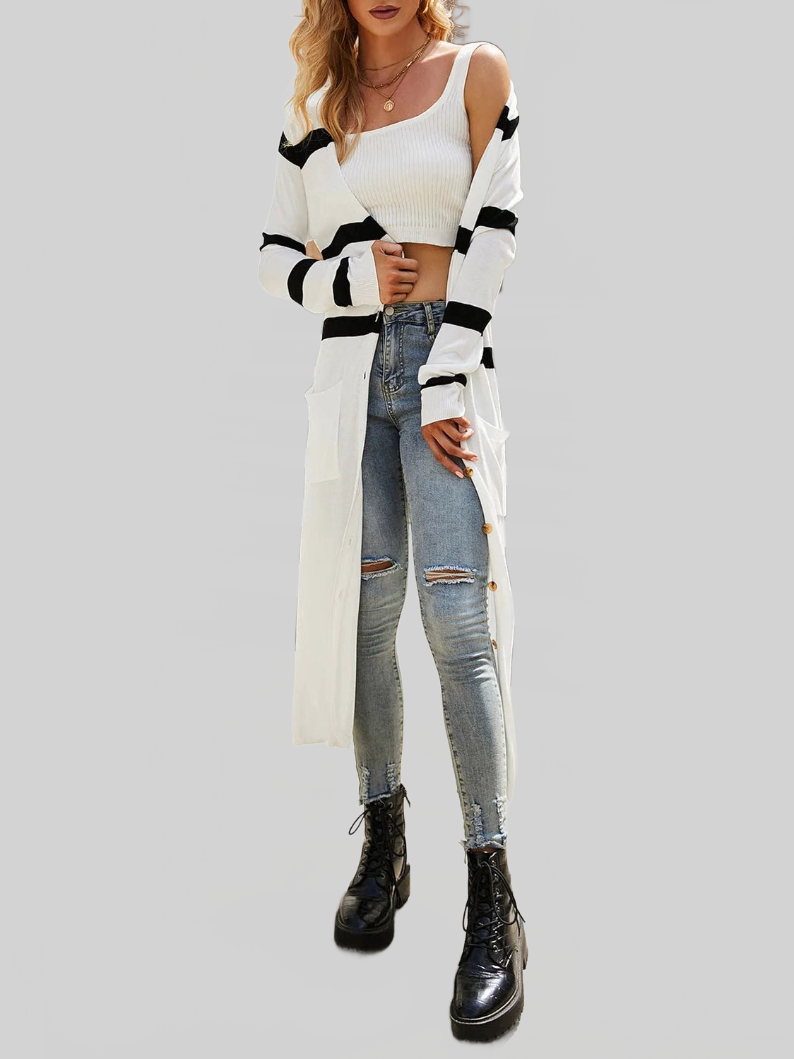 Women Pocketed Striped Button Up Cardigan nicholesgifts