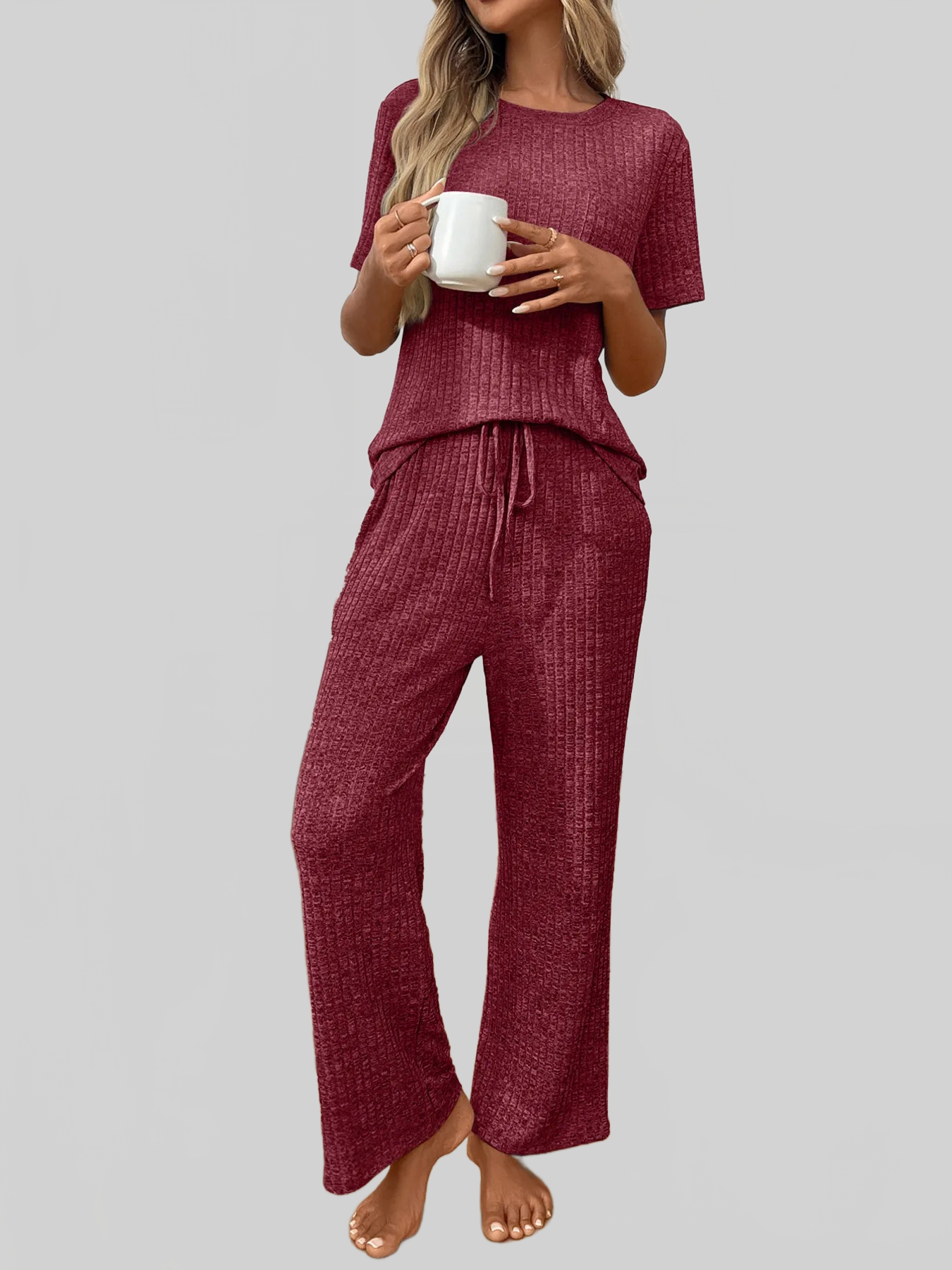 Ribbed Knit Short Sleeve Top and Pants Lounge Set nicholesgifts