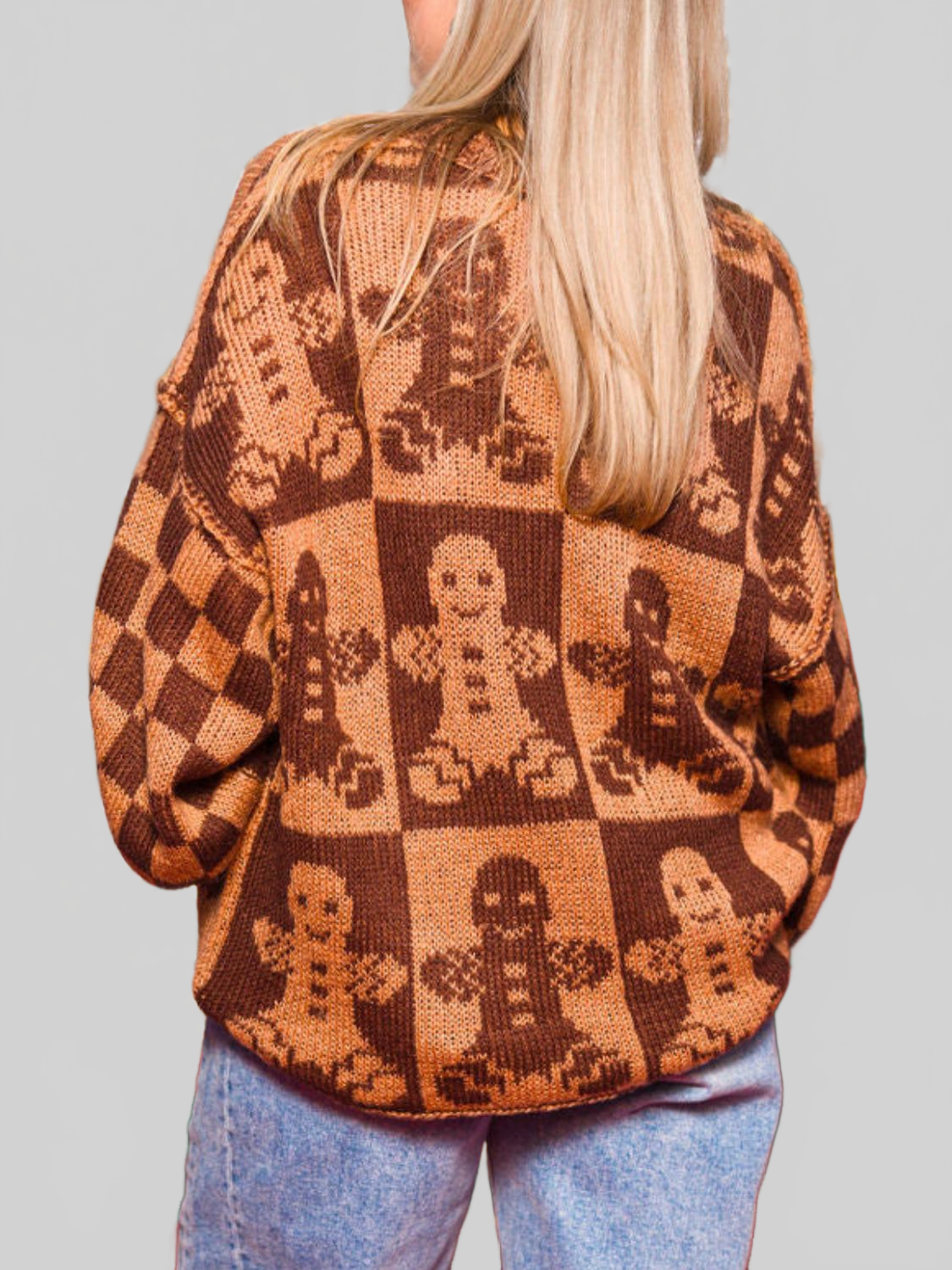 Women Christmas Gingerbread Man Round Neck Drop Shoulder Sweater NicholesGifts