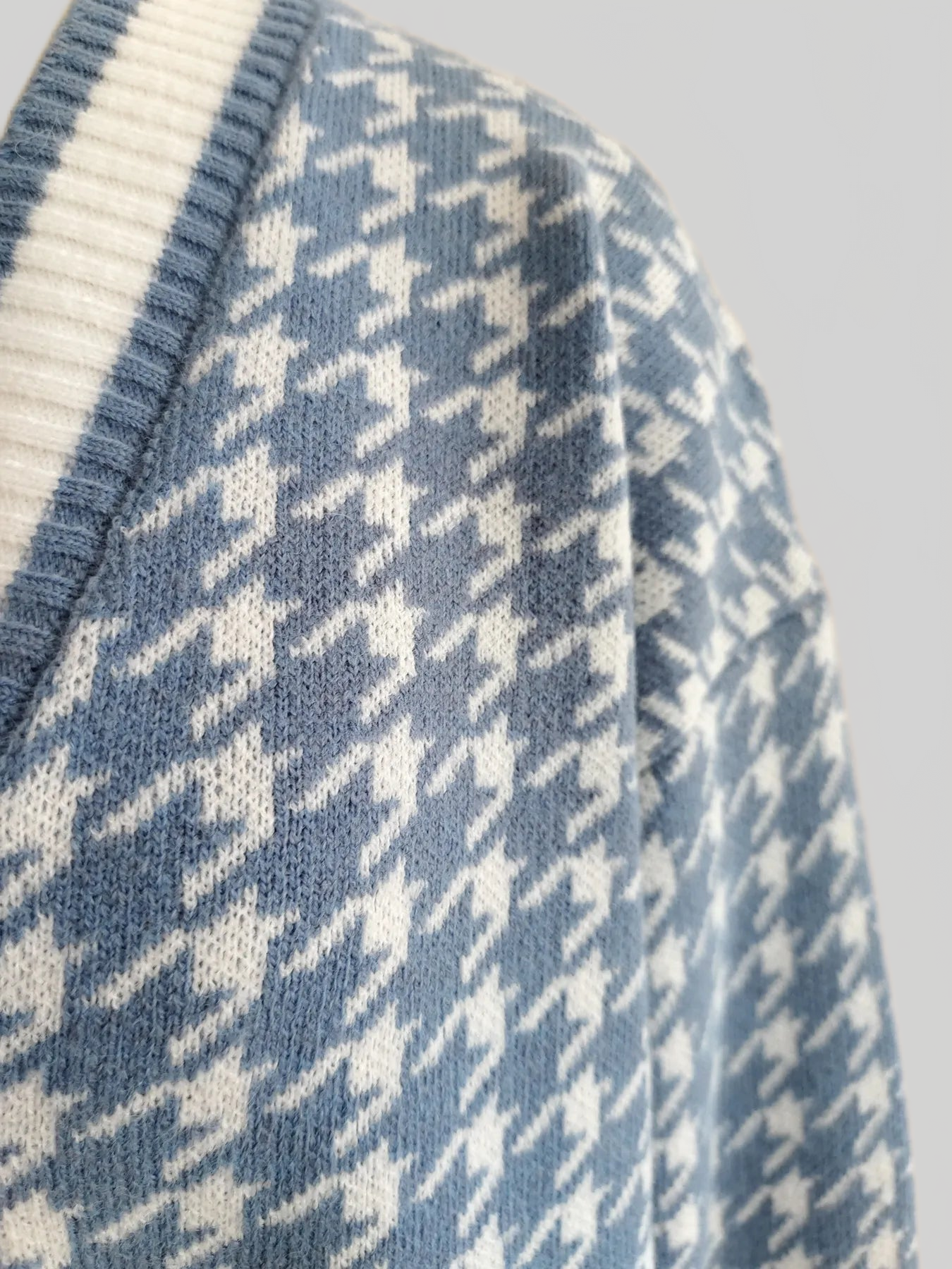 Women Houndstooth Pattern V-Neck Button-Up Cardigan Sweater NicholesGifts