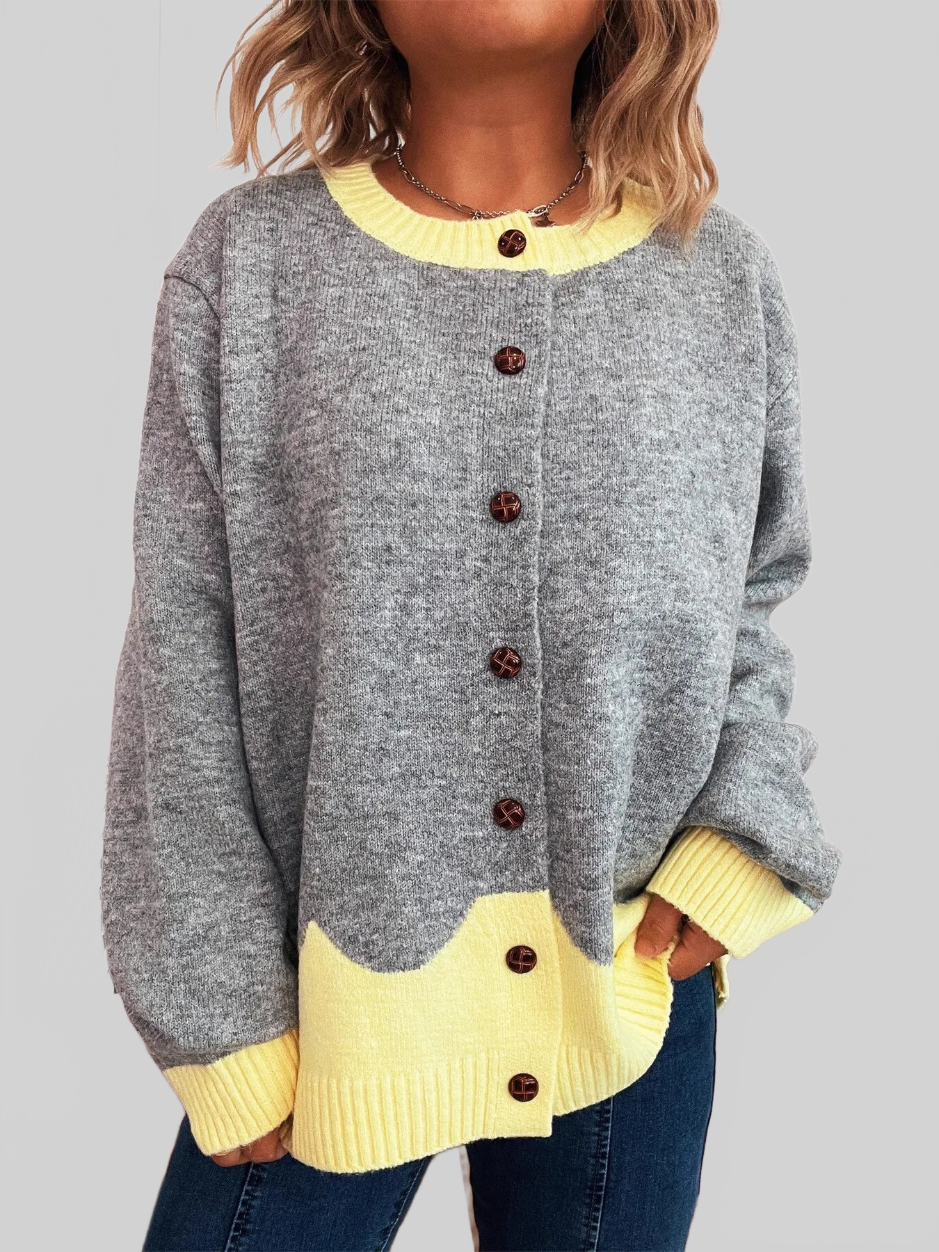 Button-Front Contrast Trim Cardigan nicholesgifts