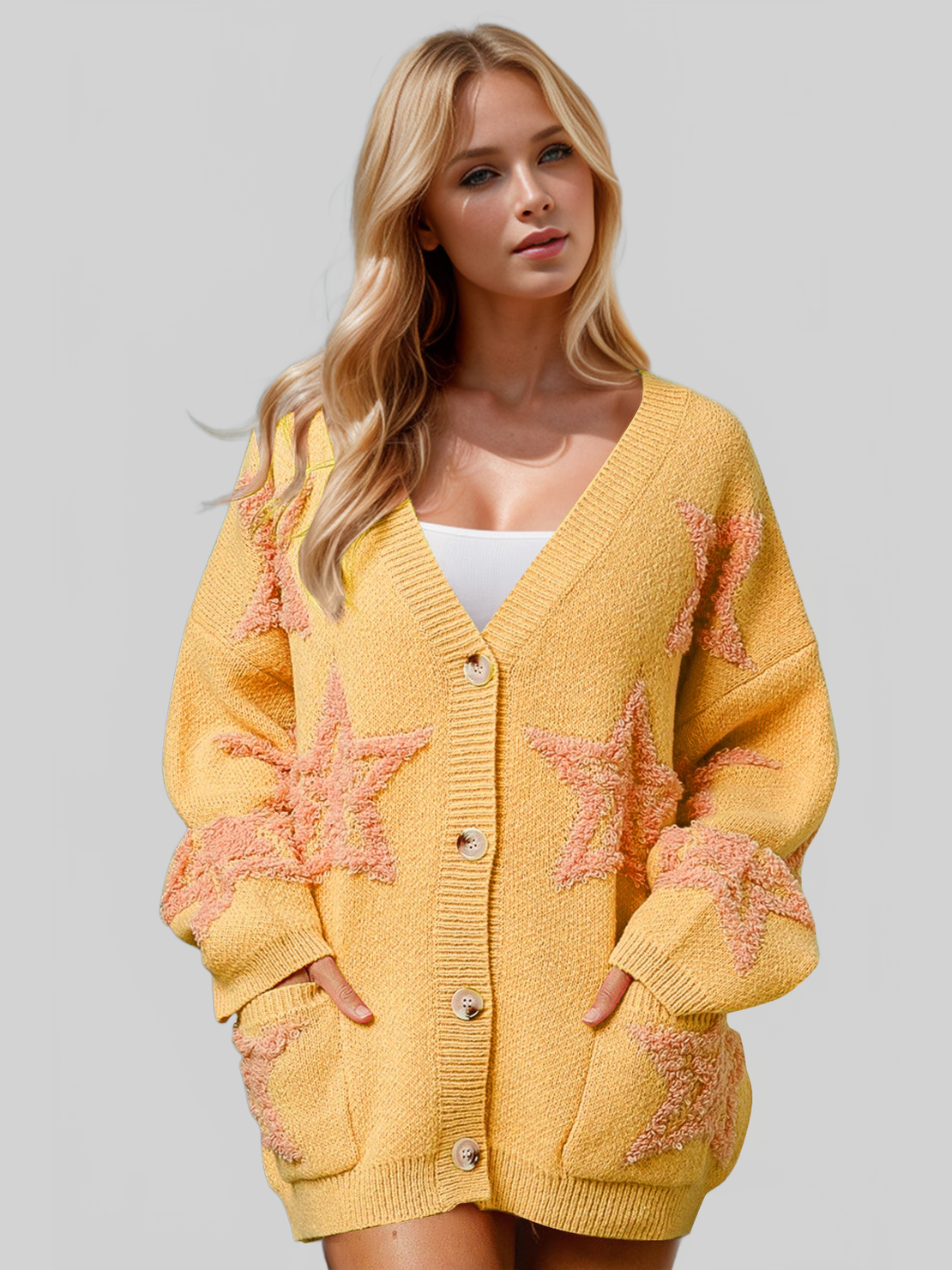 Women Double Take Full Size Button Up Star Pattern Cardigan Sweate nicholesgifts