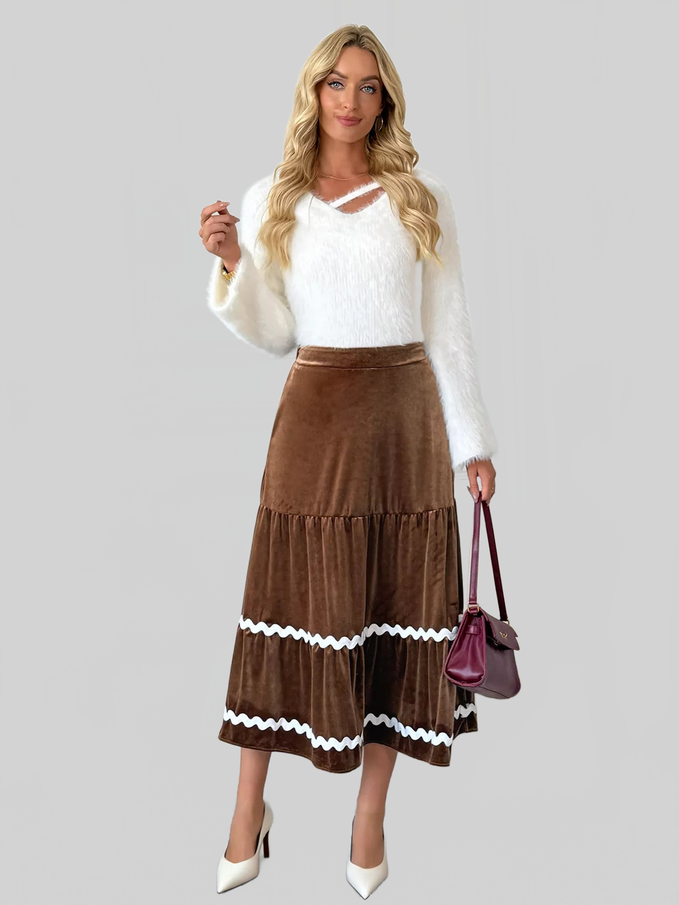 Women Velvet Tiered Midi Skirt nicholesgifts