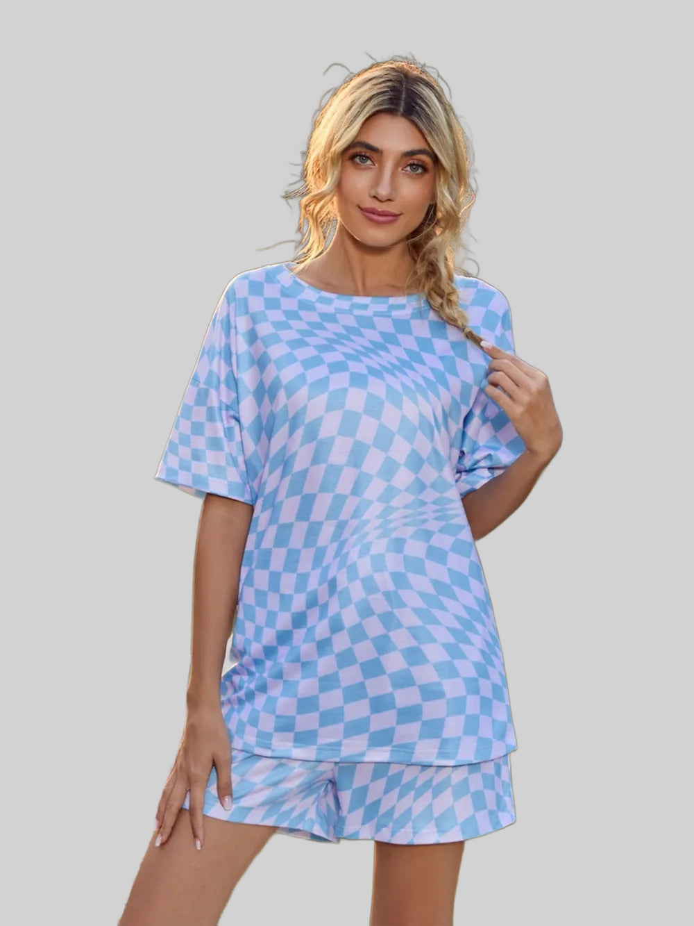 Plaid Round Neck Top and Shorts Lounge Set nicholesgifts