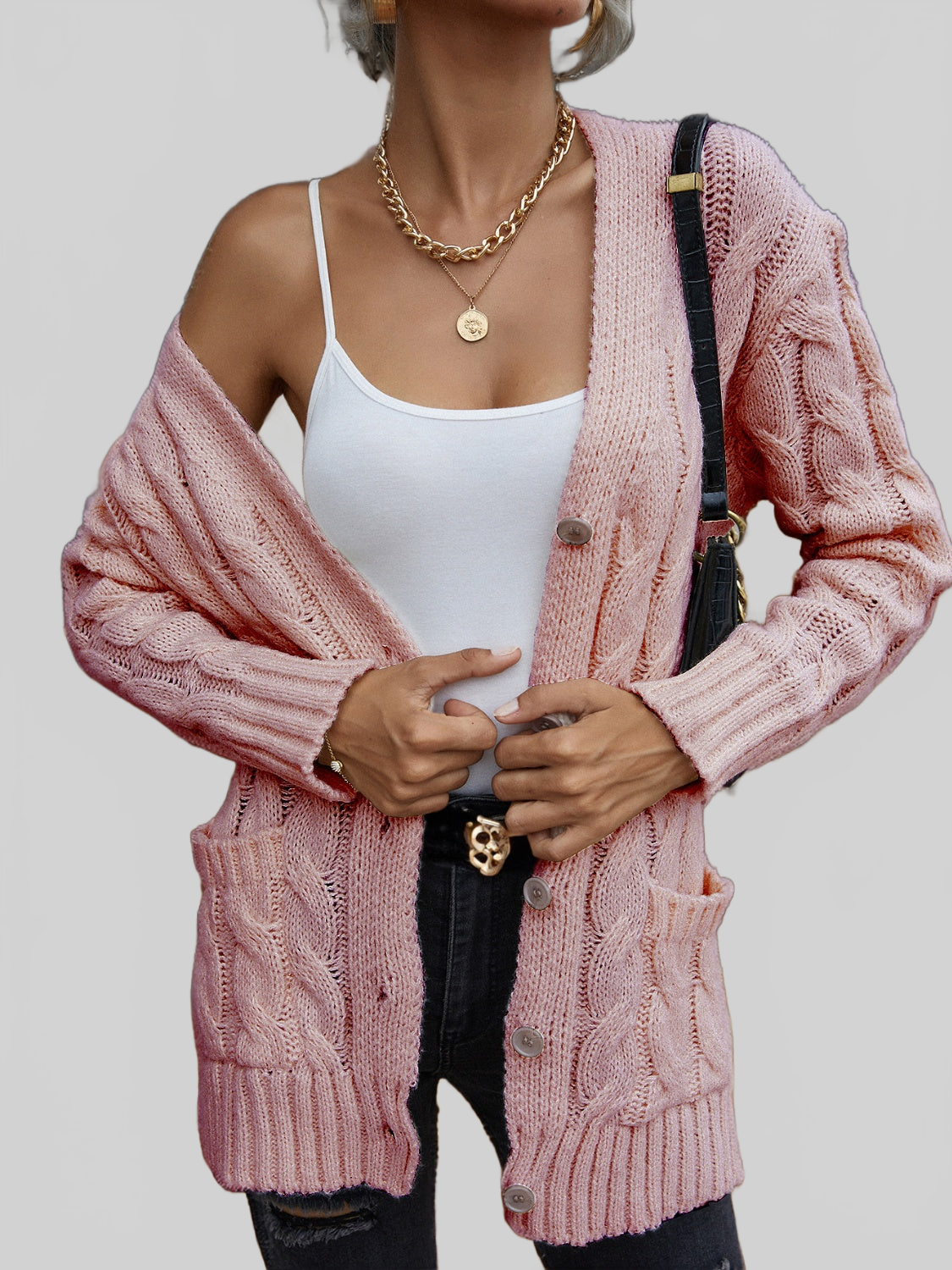 Women Cable-Knit Button Down Cardigan nicholesgifts