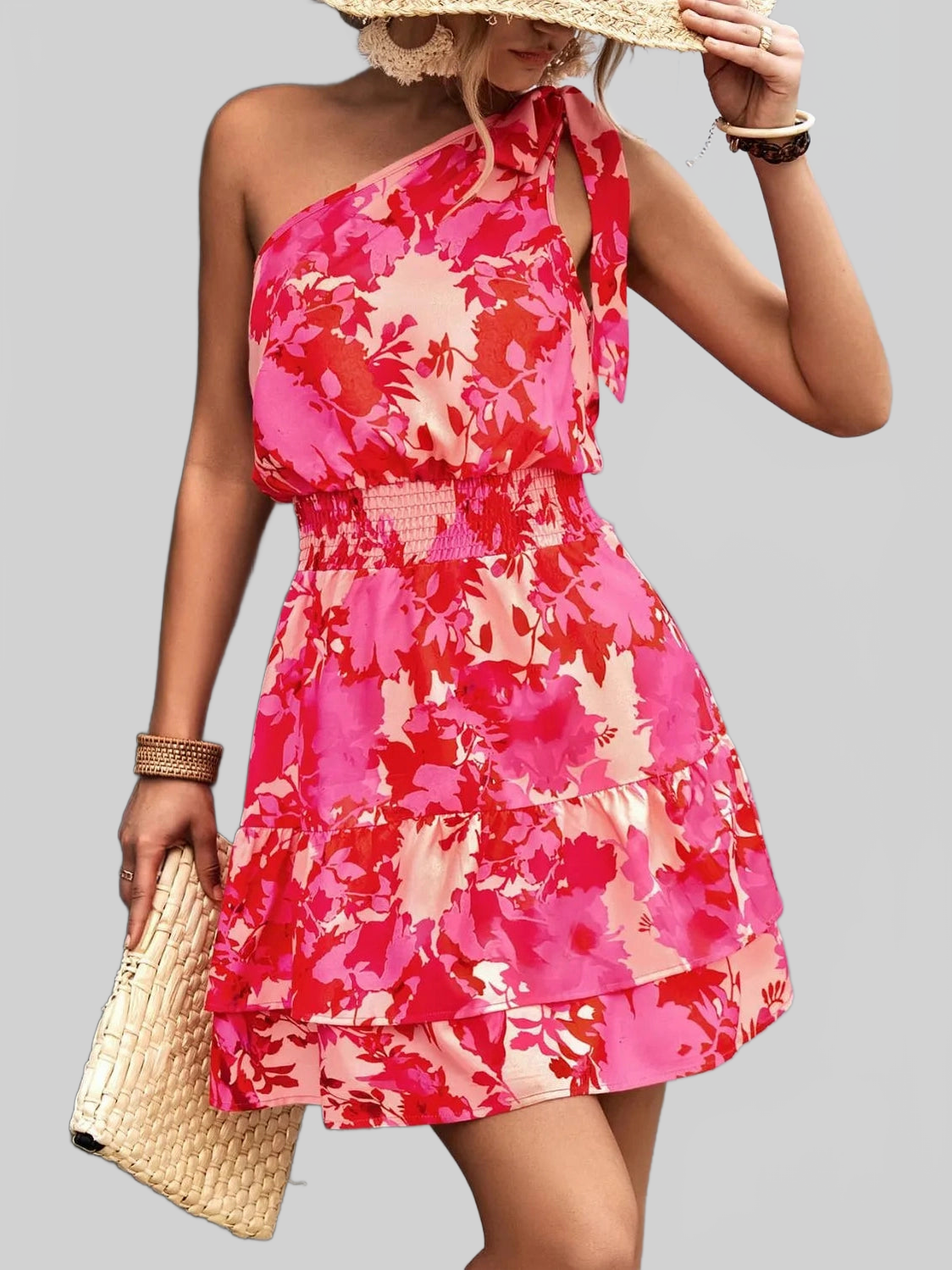 Tied Smocked Printed Single Shoulder Dress nicholesgifts